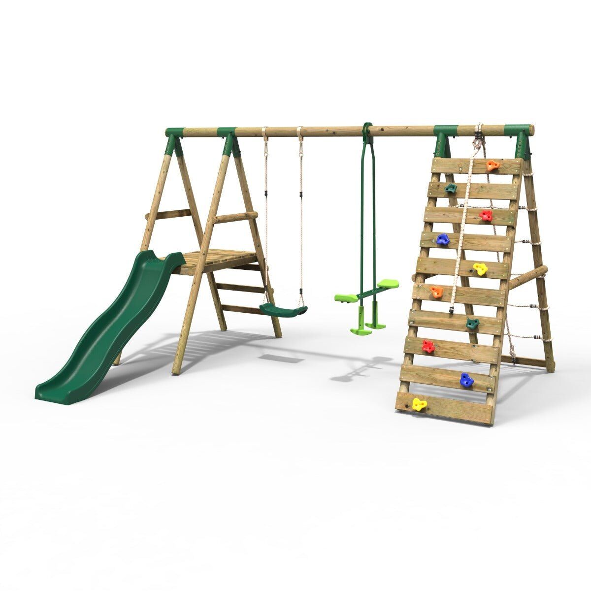 Rebo Wooden Swing Set with Deck and Slide plus Up and Over Climbing Wall - Obsidian
